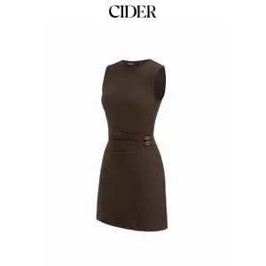 Cider Round Neckline Belted Ruched Mini Dress