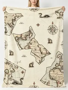 Vintage Antique World Map Flannel Throw Blanket with Sea Monster & Compass Pattern, Soft Warm Lightweight Cozy Plush Blanket for Bedroom Sofa Couch Travel Camping, Retro Nautical Decor Home Gift
