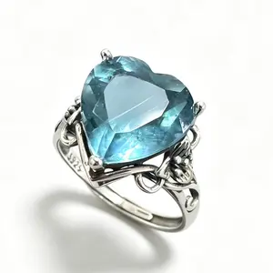 12×12mm Natural Blue Fluorite Heart-Shaped 925 Sterling Silver Adjustable Ring | Vintage Crystal Statement Ring