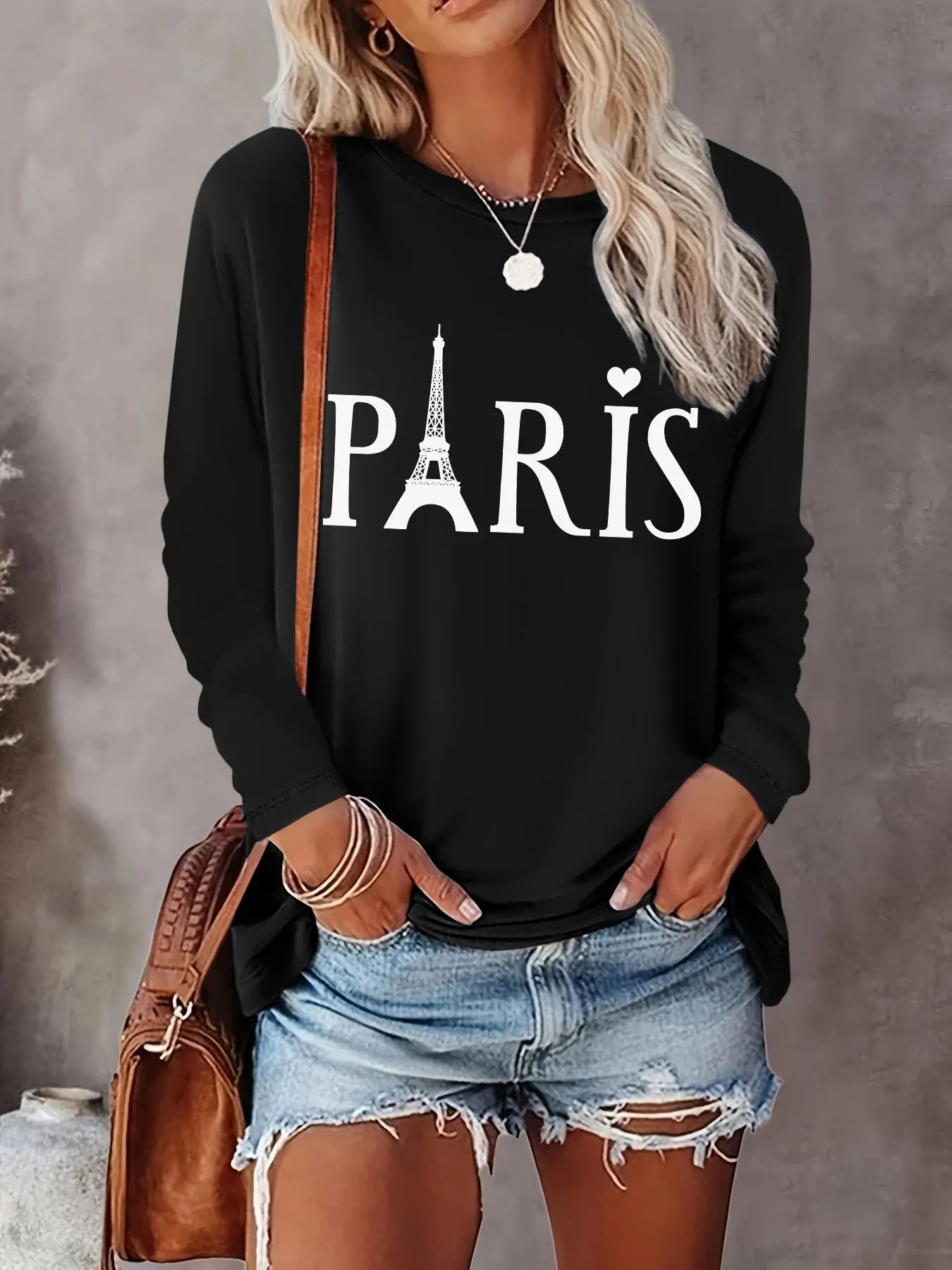 Women's Eiffel Tower & Letter Print Drop Shoulder Graphic Sweatshirt, Casual Long Sleeve Round Neck Pullover for Daily Wear, Ladies Clothes for All Seasons, Womenswear