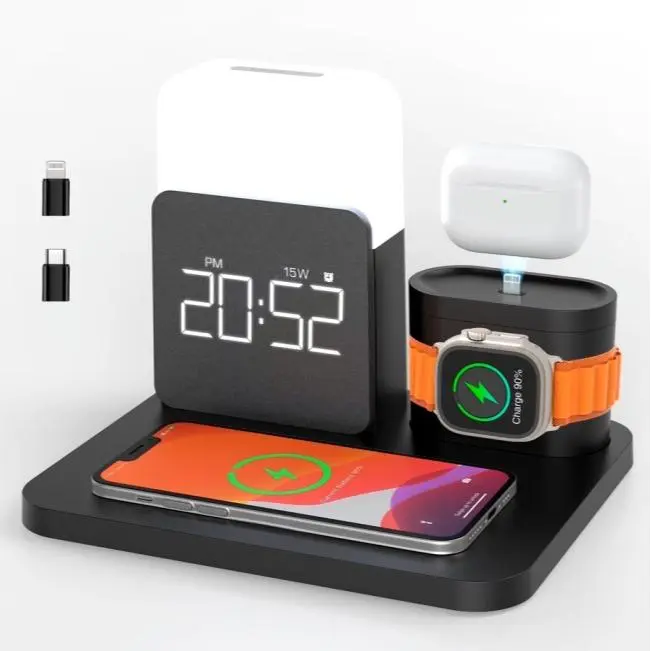 7-in-1 Fast Wireless Charger Trio Magnetic Station with Alarm Clock & 3-Color Dimmable Night Light. MagSafe Dock for iPhone 17-12, Apple Watch, AirPods, Samsung. Fast Charging, USB-C & 2 USB Ports. Portable Travel Desk Organizer for TikTok Shop