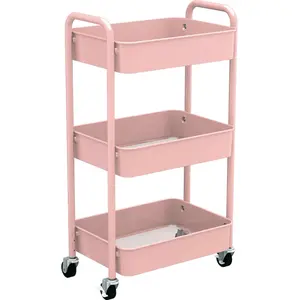 3-Tier Rolling Utility Cart with Caster Wheels,Easy Assembly, for Kitchen, Bathroom (Pink)