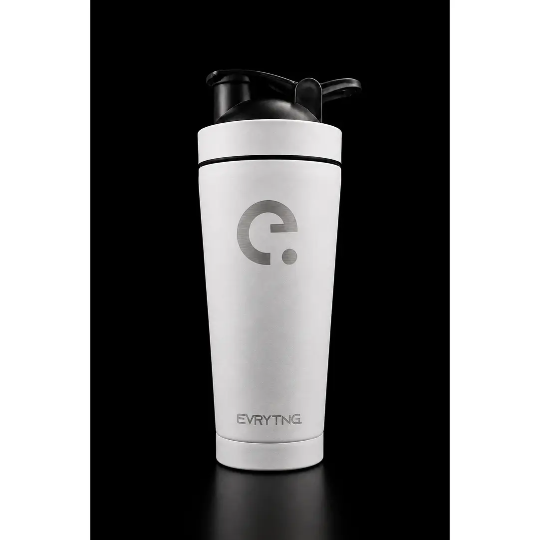 EVRYTNG Whiteout — White Stainless Steel Insulated Shaker Bottle, Premium 25 oz Protein Shaker Cup with Stainless Steel Mixing Ball, Leakproof Vacuum Insulated Gym Water Bottle for Protein Powder, Pre-Workout & Fitness