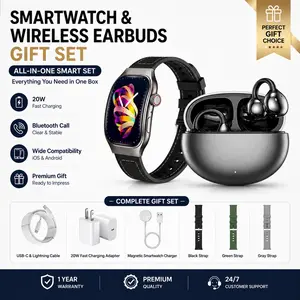 All-in-One Smartwatch Gift Set with Wireless Earbuds, Fast Charging Adapter, Magnetic Charger & Multi Cables, Smart Watch for Men Women Compatible with iOS Android, Everyday Fitness Watch Bundle Gift