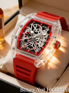 Transparent Barrel Fashion Men's Watch, Flame Color High-End Texture Wristwatch, Street Style Large Dial Watch, Sporty Analog Quartz, Skeleton Watches