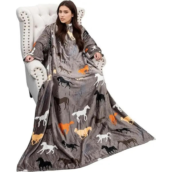 Wearable Horse Pattern Blanket with Sleeves, Super Soft Warm Snuggy Body TV Throw Blanket for Home Office Lounge, Horse Gift for Adult Women Men