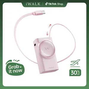 iWALK 10000mAh 30W Portable Charger with Retractable USB-C Cable Triple Output for iPhone 17 Galaxy S25 iPad Daily Use Compact Power Bank Fast Charging Device - Adjustable, Digital