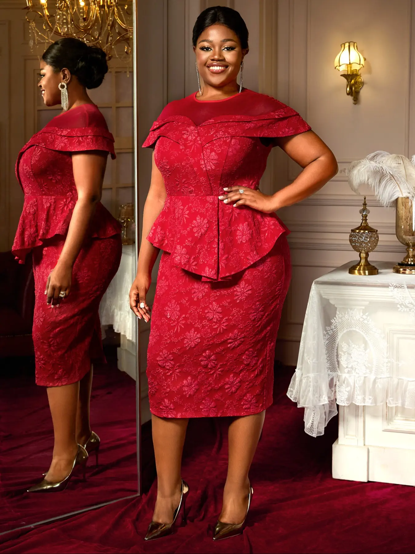AOMEIDRESS Elegant Bodycon Jacquard Formal Party Dresses Mesh Patchwork Peplum Ruffled Belly Hide Plus Size Women
