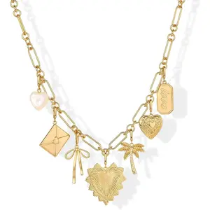 14K Gold Plated Chunky Charm Necklace Set for Women, Removable Heart Palm Tree Bow Pendant, Statement Paperclip Chain Friendship Jewelry Gift
