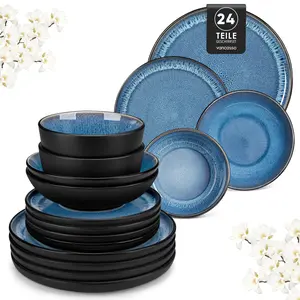 vancasso PLA Plates and Bowls Sets, 16/18/24 Pieces Stoneware Dinnerware Sets Dishes Set Modern kitchen Dishware Sets Service for 4-6 People, Dishwasher and Microwave Safe, Blue, Black, Green Set