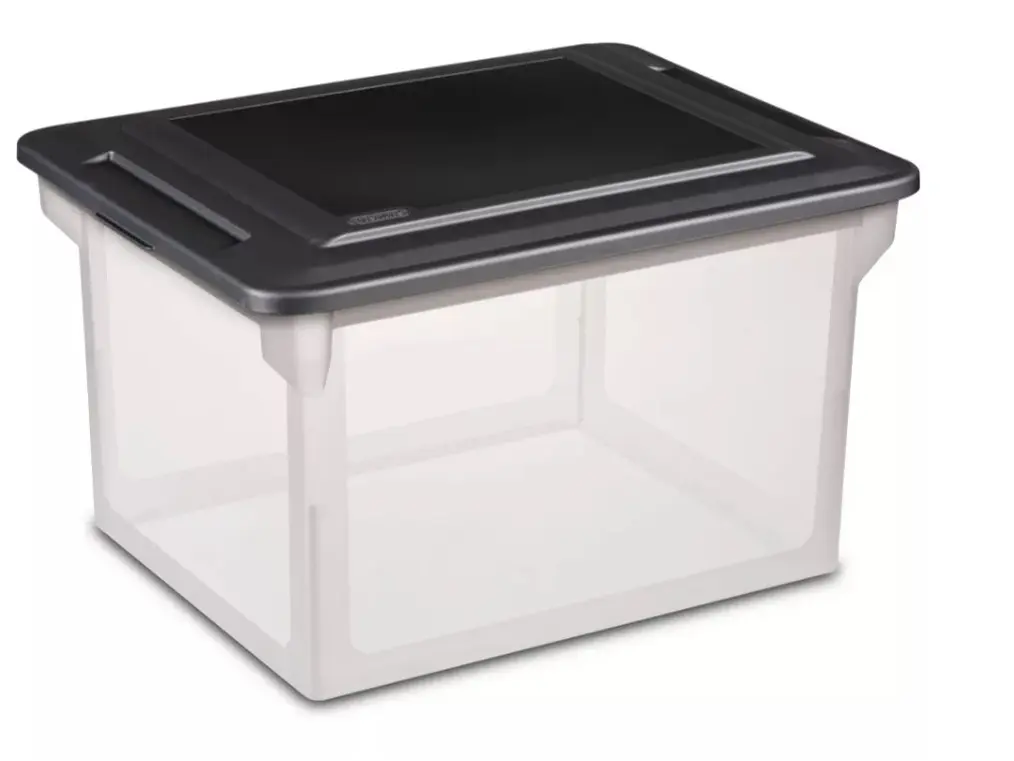Plastic File Storage Box 18.5" x 14", Black Lid Stackable Document Organizer with Handle for Office Home Paper Letter Folder Storage