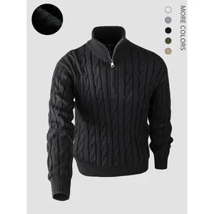 Men's Solid Zip Up Cable Knit Sweater, Regular Fit Casual Long Sleeve Stand Collar Jumper for Fall & Winter, Fashion Men's Knitwear for Daily Wear
