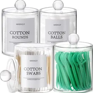 4-Pack Clear Acrylic Bathroom Organizer Set – Eco-Friendly Canister, Qtip Holder & Lidded Storage Jars, Aesthetic Vanity Counter Accessories for Cotton Balls, Pads & Swabs, Modern Home Decor