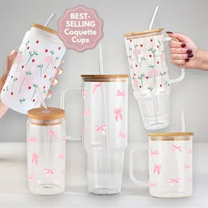Coquette Collection Glass Tumbler with Lid & Plastic and Glass Straws, Pink Vintage Bow Aesthetic