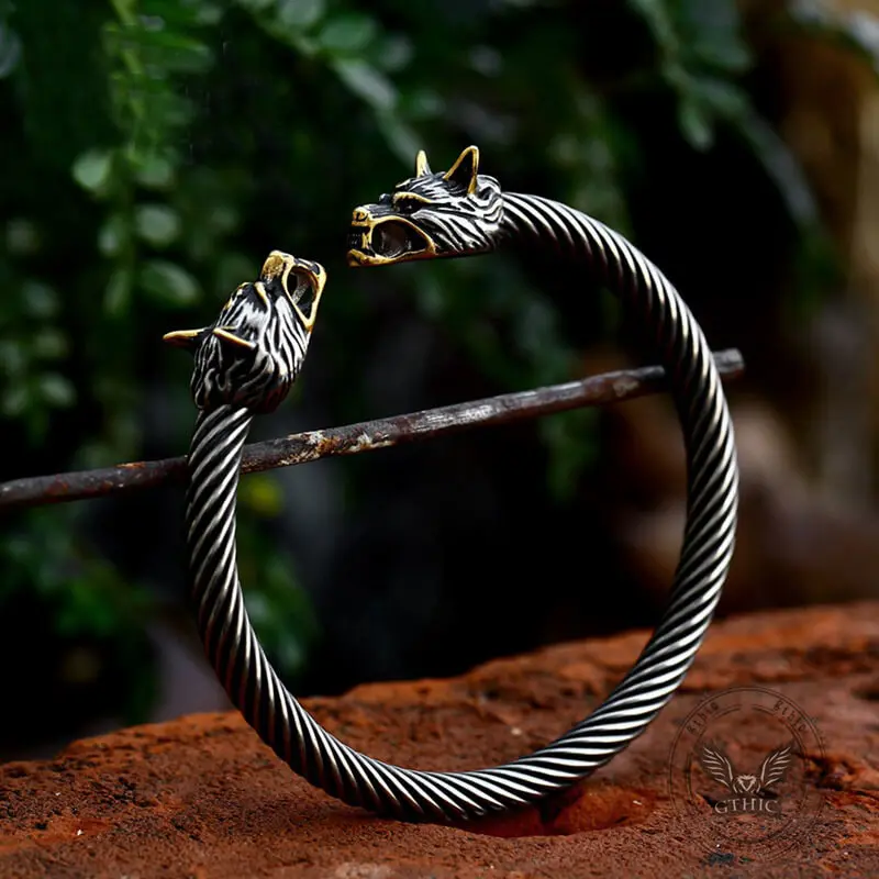 GTHIC Male Adjustable Fashion Viking Double Wolf Head Stainless Steel Open Bracelet, Nordic Powerful Jewelry for Party Wear & Daily Outfits