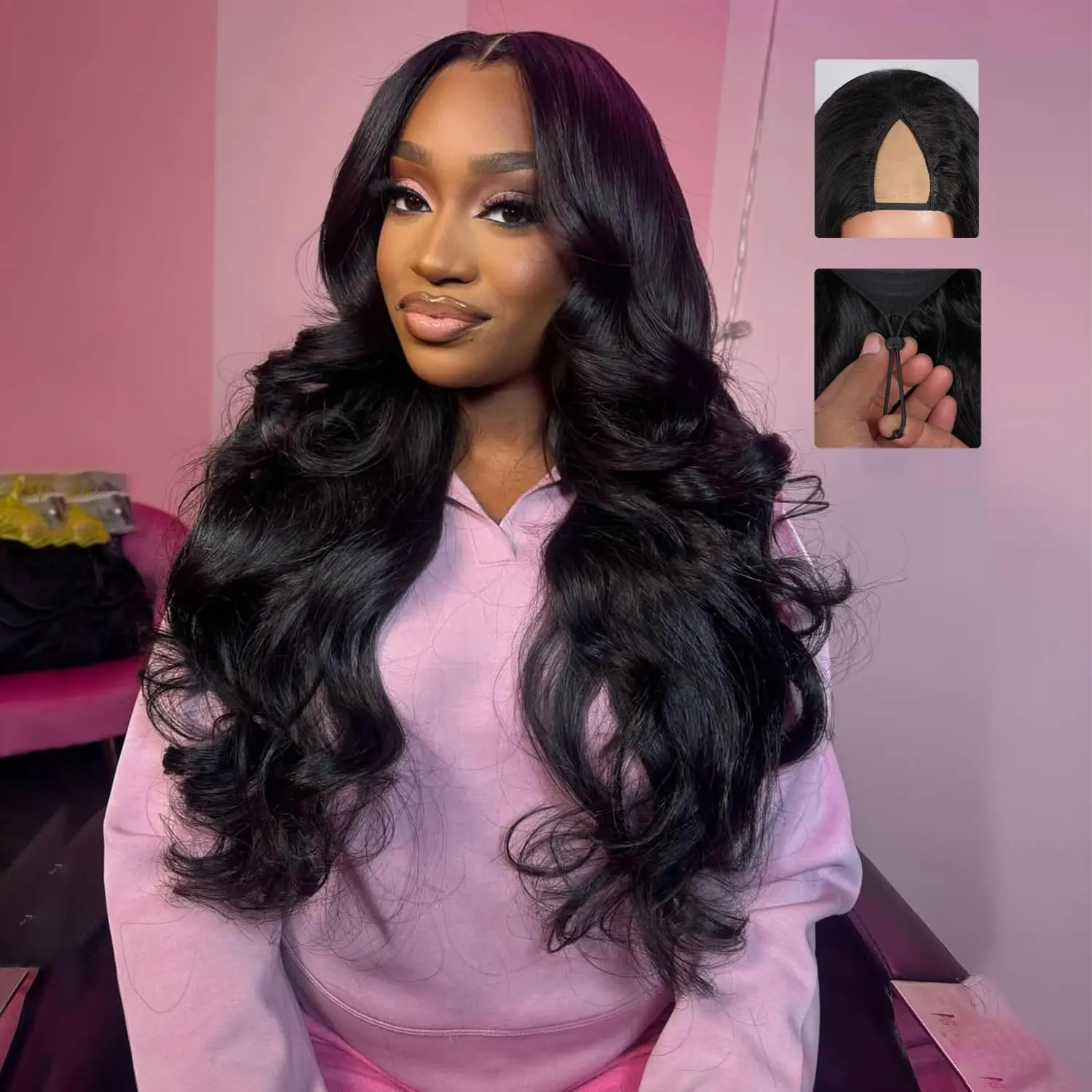 V Part Wig Human Hair Body Wave 180 Density Upgrade U Part Wigs with Drawstring Wig Human Hair No Glue No Sew-in Wear and Go Half Wigs Human Hair Natural Color 3X Longer Lifespan 22Inch