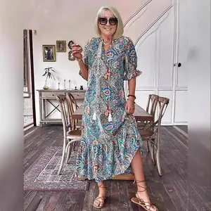Women's Casual Spring/Summer Dress, V-neck, Three-quarter sleeves, Ruffled floral print, Bohemian style, Mini long beach dress