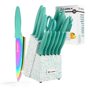 14 Pieces Rainbow Kitchen Knife Color Block Set , Anti-Rust Color Titanium Coated Carbon Steel, 12 Knives with Kitchen Shears and Block, Dishwasher Safe Utensils Kitchenware,TikTokShopBlackFriday