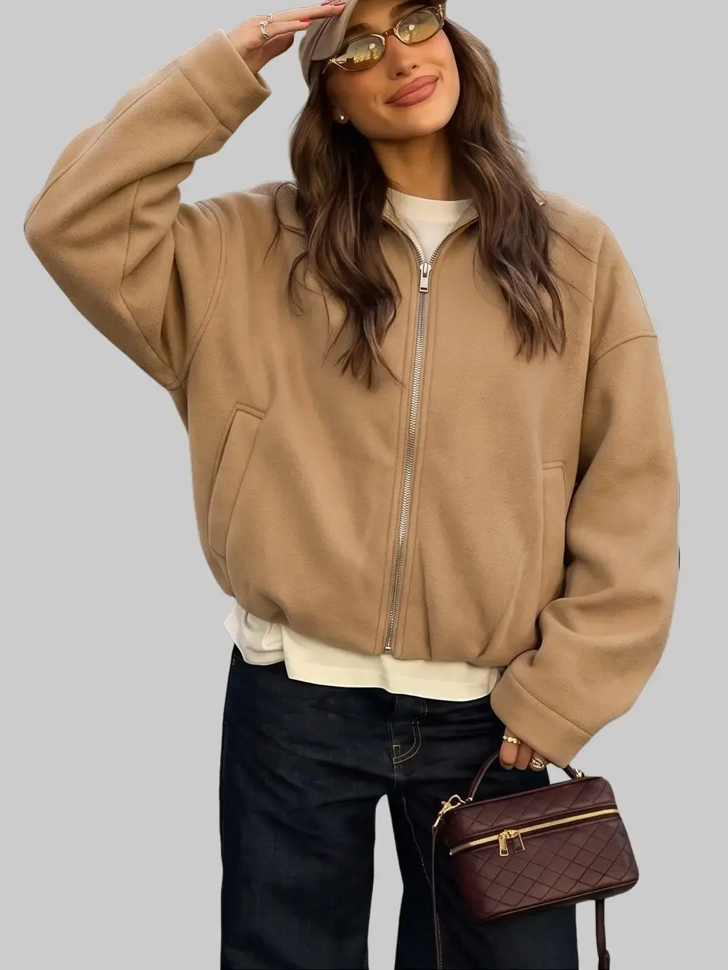 ZEAGOO Women's Oversized Cropped Bomber Jacket, Solid Faux Wool Long Sleeve Outerwear with Full Zipper and Patch Pockets, Tops, Silver
