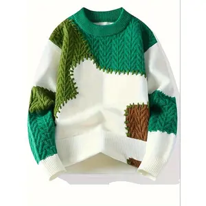 [Cozy Cable Knit Sweater] Warm & Stylish Men's Color Block Cable Knit Sweater - Versatile Acrylic Blend Pullover for All Seasons with Ribbed Cuffs, Long Sleeves Crewneck Fabric