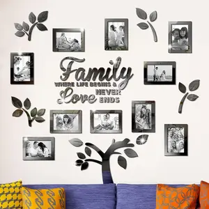 3D DIY Family Tree Mirror Sticker Photo Frames Removable Wall Art Decal Home Decor for Living Room Bedroom Kitchen Dining Office Black