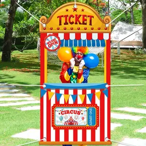 Carnival Circus Party Banner Backdrop, Striped Ticket Booth with Clown Face, Balloons & Flags Design Festive Backdrop, Durable Polyester Photo Prop