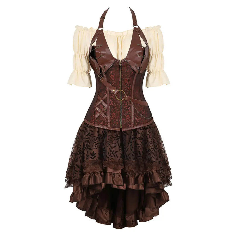 Steampunk Leather Corset Top with Renaissance Puff Sleeve Blouse & Gothic Lace Tiered Skirt Women Outfit Pirate Costume for Halloween Cosplay