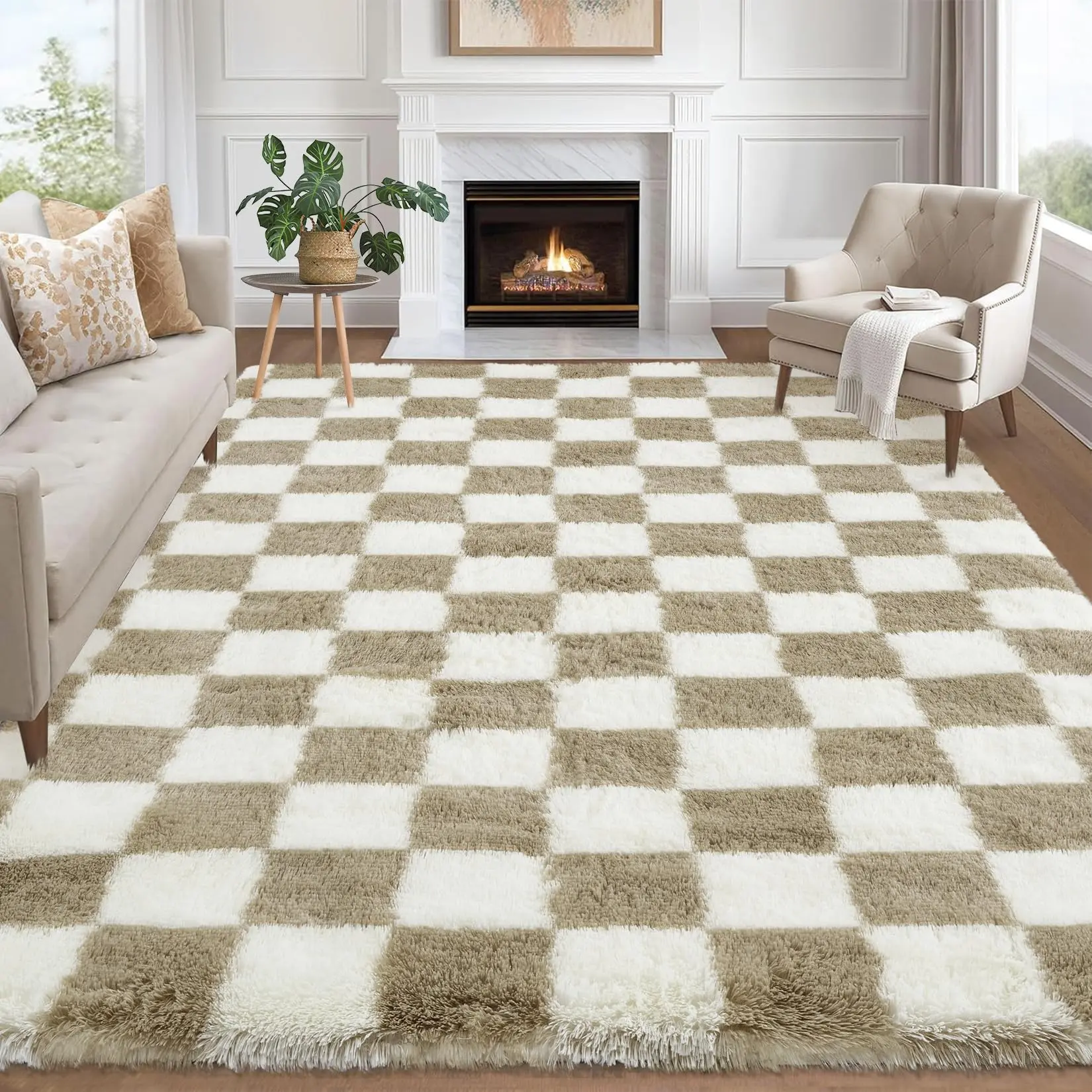 Garvee 8x10 Grid Soft Living Room Plush Printed Area Rugs Coffee Non Shedding Thick Faux Rug