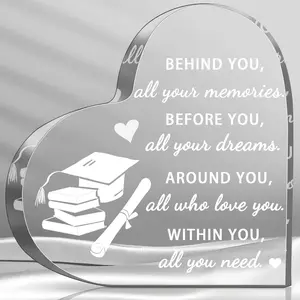 Graduation Gift for Her - Heart Acrylic Keepsake with Inspirational Quote - Best Present for Him, Daughter, Friend - High School, College, Masters Degree Graduation - Party Table Decoration