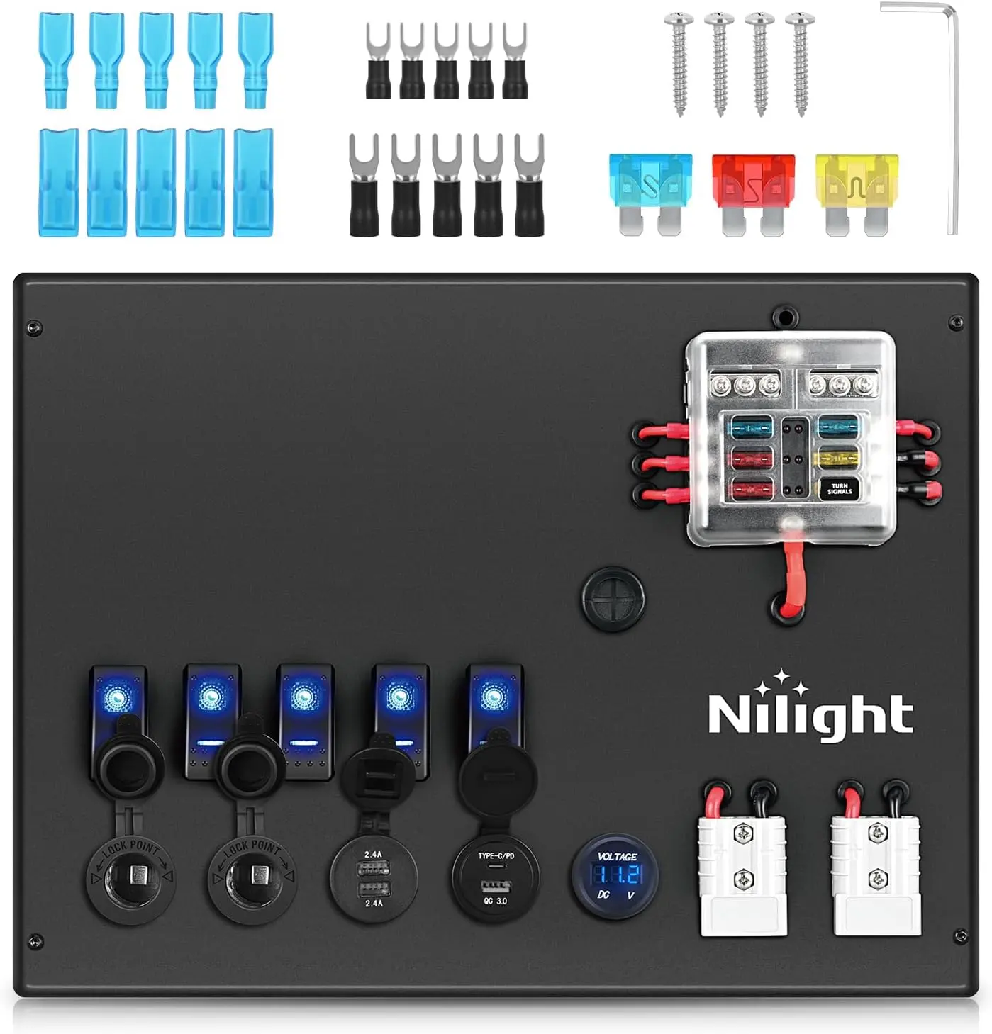 Nilight 12V/24V Dual Voltage Aluminum Control Box Hub - Waterproof, Dustproof Solar & Wind Power Charge Controller Accessory with Fuse Block, Switches, 12V Socket, LED Display Voltmeter, USB Charger, Anderson Connector for Camping, 4WD Canopy, RV, Diy Sti