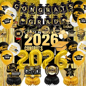 Graduation Party Decorations 2026–Black Gold Grad Banner, Class of Backdrop, Balloons, Fringe Curtains and Foil Balloon, Streamers Kit–Complete Graduation for High School & College Celebrations