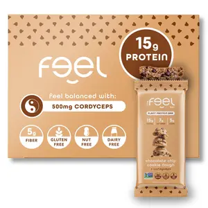 Feel Bars – Vegan Protein Bars | Cookie Dough – 10 Pack | 15g Plant Protein | Cordyceps | Keto | Organic | Gluten Free, No Nuts, No Soy, No Dairy, No Grains