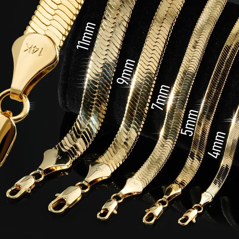 MaxBling81 AAA+ Brass 14K Stamped Bold Hiphop Gold-Plated Herringbone Chain Necklace - Unisex Casual Chains, 4mm-14mm Widths (Incl.5mm,6mm,7mm), 8in/18in/20in/24in/30in Lengths, Everyday Accessory for Concerts,Dates