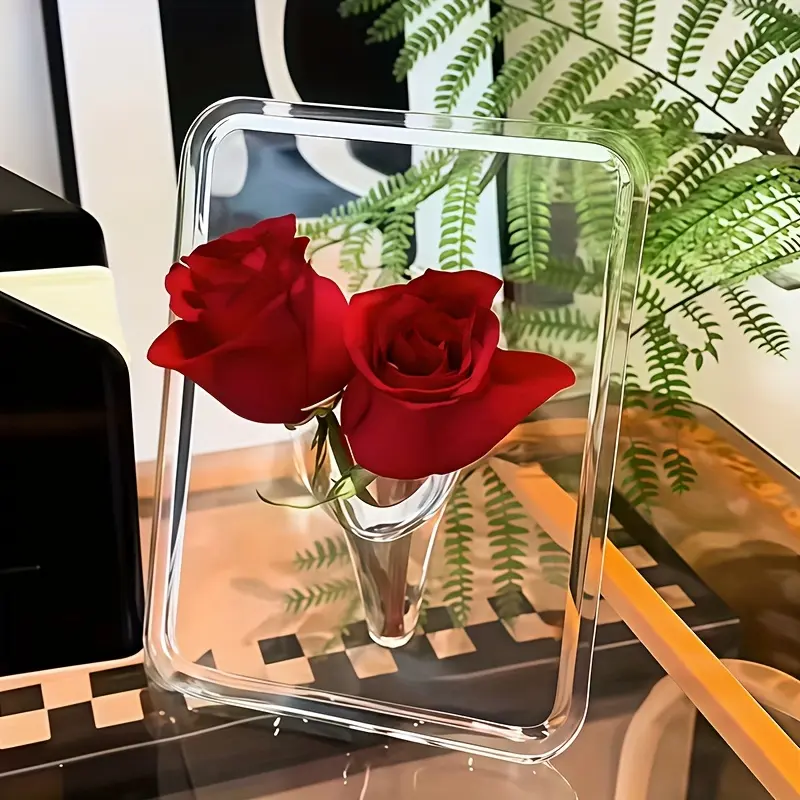 Transparent Rectangular Acrylic Flower Arrangement Vase, Clear Acrylic Vase, Creative Frame Design, Home Office Desktop Decor, Ideal Easter Gift, Holiday Decoration