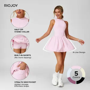 MIA PRISTINE Tennis Dress Mock Neck Sleeveless Faux Two Piece Stand Collar Built in Shorts Removable Pads Hidden Zipper Waist Darts A Line Skirt for Golf Running