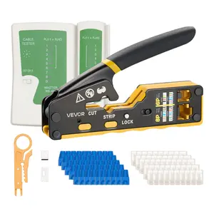 【fathersdaygift】VEVOR Crimping Tool, RJ45/RJ11/RJ12 Ethernet Crimper, Crimp Tool Kit for 4/6/8-Pin Modular Plugs, with Mini Wire Stripper, 50 Connectors and 50 Boots, Replacement Blades, and Network Cable Tester