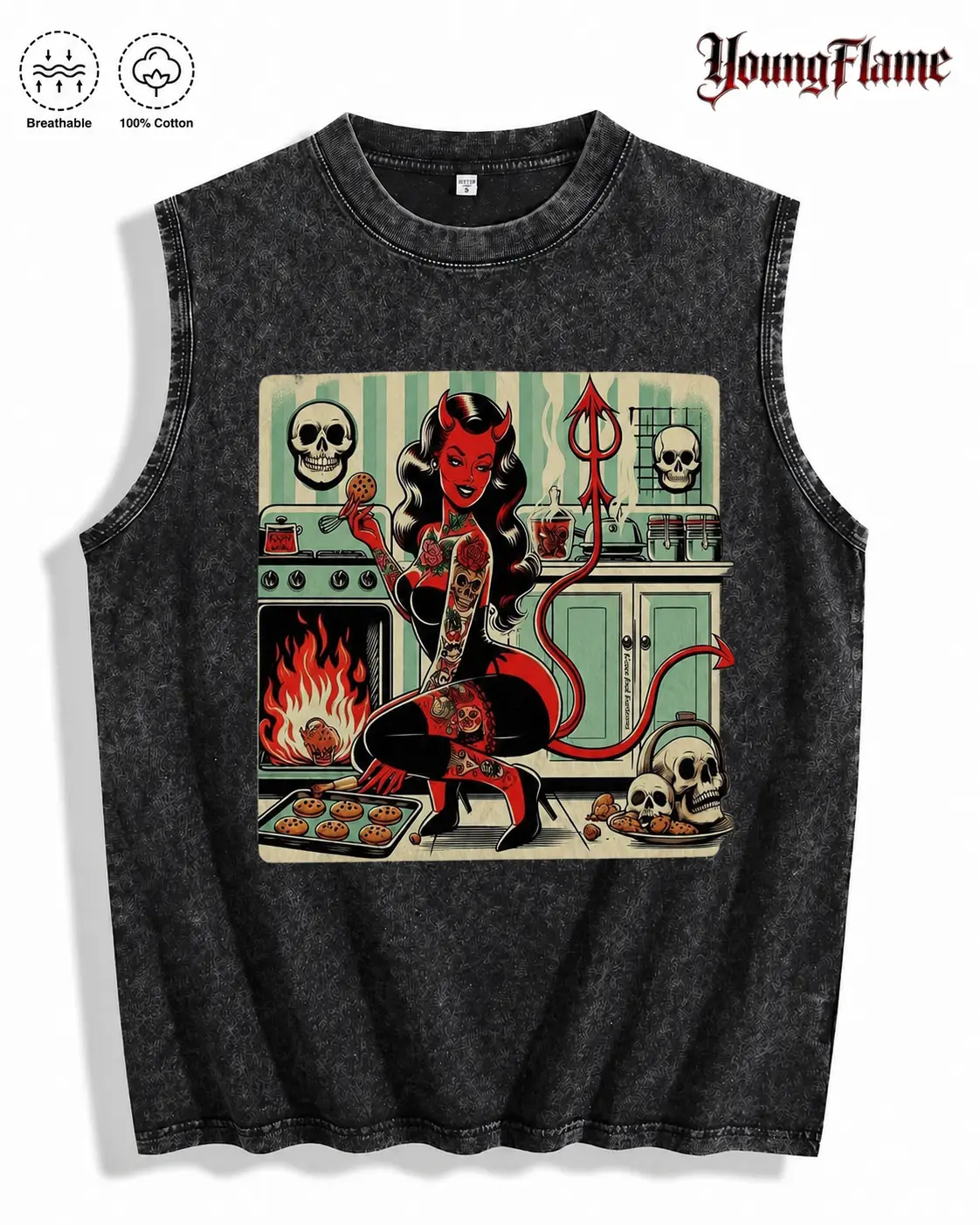 Vintage Acid Wash Devil Pin Up Girl Graphic Tee A Comfortable Summer Gift Alt Aesthetic Streetwear Y2K Clothing Men Sleeveless Tank Top trendy shirt oversized t-shirt fall fashion outfit