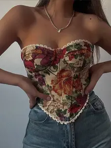 Women's Parisian Street Bustier - Floral Niche Jacquard Corset with Lace Ties for Effortless French Cool Underwear