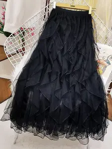 Women's Ruffle Tulle A Line Vintage Skirt, Elegant Casual Skirt, Elegant High Waist Midi Skirt for Party Holiday Wedding Guest, Ladies Bottoms for All Seasons