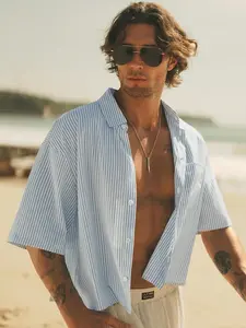 Men's Slim Fit Woven Striped Short Sleeve Casual Blue Shirt