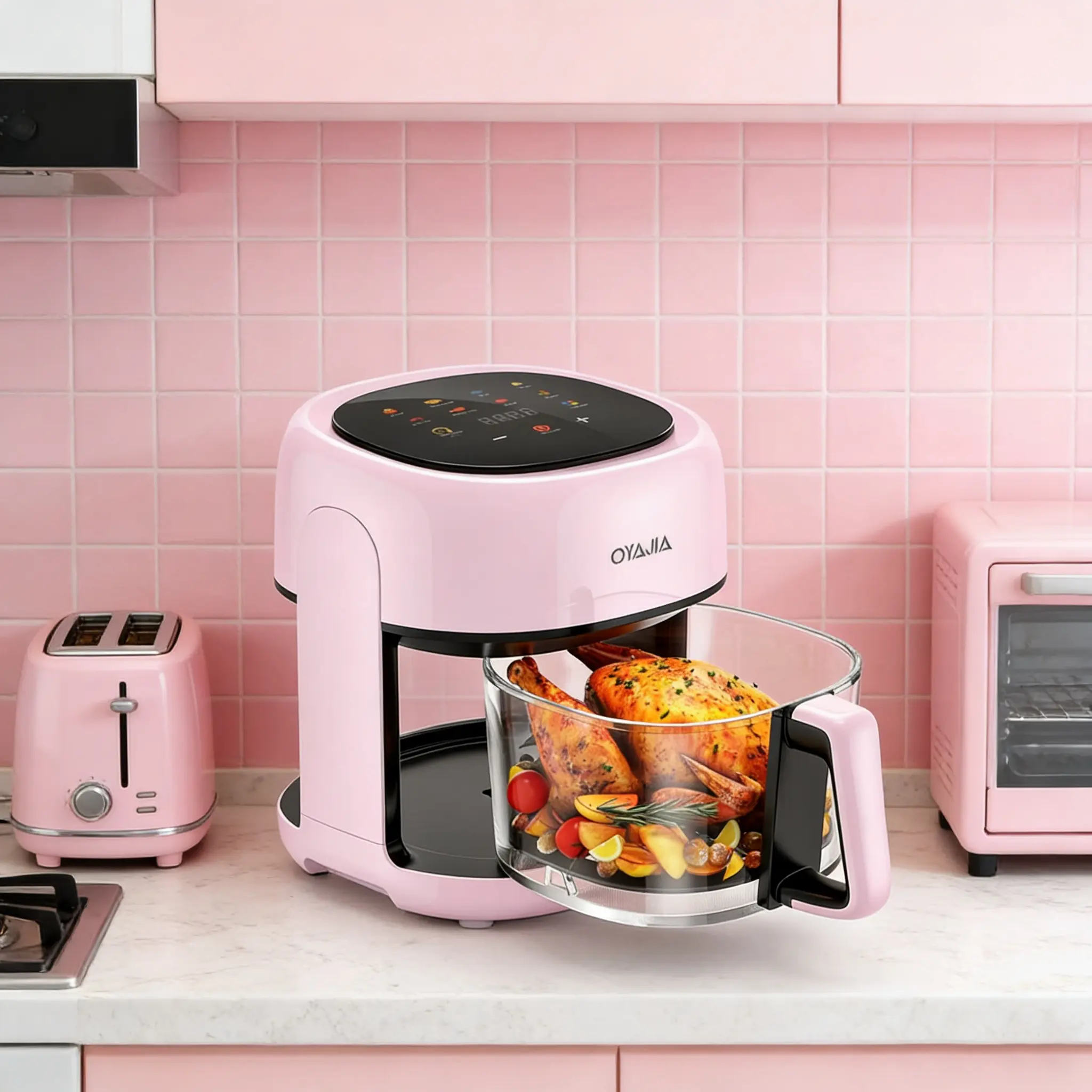 OYAJIA Pink Glass Touchscreen Air Fryer - 4.2QT, 1200W, 8-in-1 Small Portable Multi-Function Fryer for Dorm, Small Fryers, Portable Multi-Function Fryers tiktokshopbacktoschool