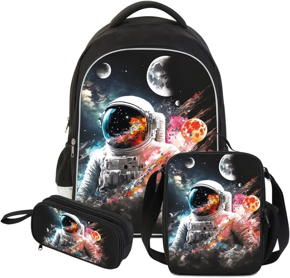 Galaxy Astronaut Graphic Kids Teen Backpack Set, Skin-Friendly Waterproof Polyester Colorful Space Astronaut Full Print 3 Piece Matching Bag Pack, Ergonomic Cushioned Comfort Wear, Kindergarten Road Trip Casual Unisex School Bookbag