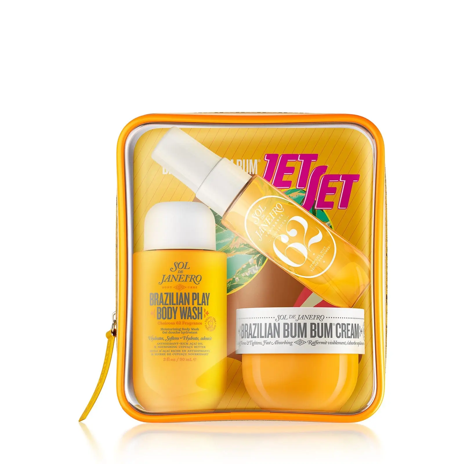 Sol de Janeiro Bum Bum Jet Set | Travel-Friendly Shower Cream-Gel, Bum Bum Cream & Cheirosa 62 Perfume Mist Kit With Notes Of Pistachio, Salted Caramel, and Vanilla.