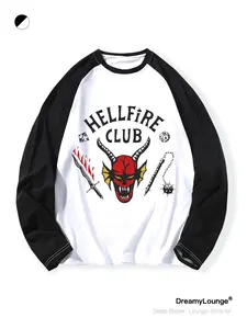 Stranger Things Hellfire Club Graphic Patchwork Long Sleeve Shirt, Casual Fitted Home Wear, Daily Wear for Men & Women