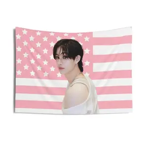 2D Flat - 2D Flat - 1pc SKZ Kpop Concert Banner Wall Tapestry | Pink American Flag Design with Bang Chan Visuals, Durable Polyester Fabric, No Electricity Needed, Perfect for SKZ Kpop Fans & Home Decor, Fan Merchandise, Vibrant Print Quality