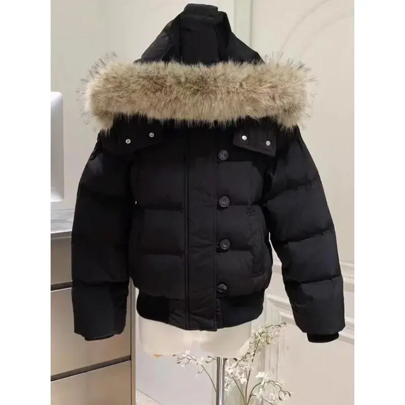 2025Autumn Winter Fur Hooded Jacket Women's Thick Down Cotton Padded Slim Short Parkas Female Cropped Puffer Bubble Coat Black Casual Fitted Basic Long Sleeve Minimalist Womenswear Tops Outerwear