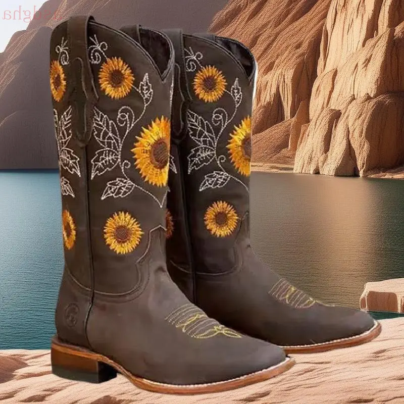 Cowgirl Western Boots Women Mid Calf Sunflower Embroidery Stitched Square Toe Low Heel Black US 6-10.5 Riding Boot Walking Shoes Footwear Decor Comfort Cowboy Dark Brown