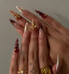 Alice WonderNails - Gold Cross Gothic Press On Nails | Gothic Gold & Deep Burgundy Nail Art - AW45