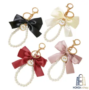4PCS Satin Bow & Pearl Keychains, Elegant Pearl Wristlet Keyrings, Gold Plated Crystal Charm Keychains, Stylish Bag & Purse Accessories for Women, Perfect for Daily Use & Gifting,summerwins