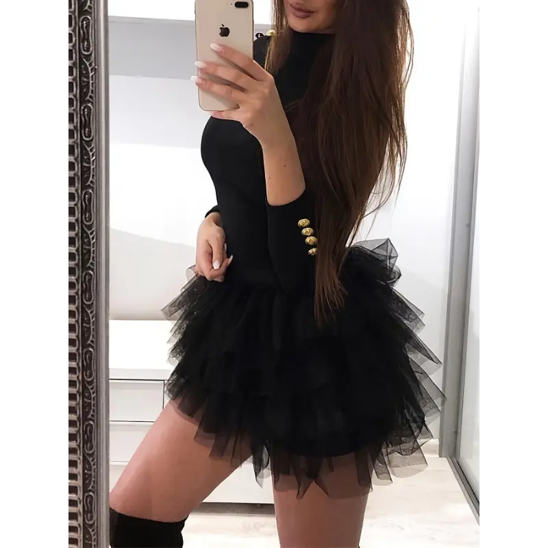 Women's Elegant A-Line Formal Gown, Solid Slim Fit Tiered Hem Dress with Long Mesh Overlay Sleeves, Crew Neck, 100% Polyester Fabric, Longsleeves Regular Sleeve Formal Wear